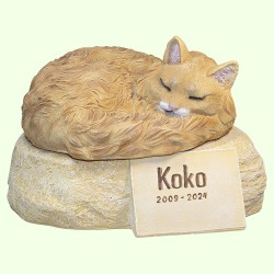 Скульптурный памятник Длинношерстная кошка рыжая британская на камне
