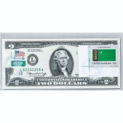 Банкнота США 2 доллара 1976 с печатью USPS, флаг Туркменистана, Gem UNC