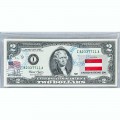 Банкнота США 2 доллара 2003 с печатью USPS, флаг Австрии, Gem UNC