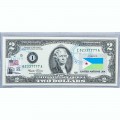 Банкнота США 2 доллара 2003 с печатью USPS, флаг Джибути-01, Gem UNC