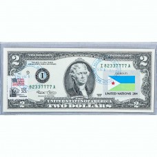Банкнота США 2 доллара 2003 с печатью USPS, флаг Джибути-01, Gem UNC Банкнота США 2 доллара 2003 с печатью USPS, флаг Джибути-01, Gem UNC