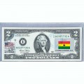 Банкнота США 2 доллара 2003 с печатью USPS, флаг Ганы, Gem UNC