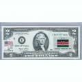 Банкнота США 2 доллара 2003 с печатью USPS, флаг Кении, Gem UNC