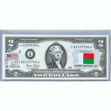 Банкнота США 2 доллара 2003 с печатью USPS, флаг Мадагаскара, Gem UNC