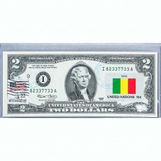 Банкнота США 2 доллара 2003 с печатью USPS, флаг Мали, Gem UNC