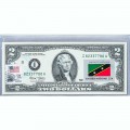 Банкнота США 2 доллара 2003 с печатью USPS, флаг Сент-Китс и Невиса, Gem UNC