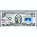 Банкнота США 2 доллара 2003 с печатью USPS, флаг Сент-Люсии, Gem UNC