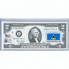 Банкнота США 2 доллара 2003 с печатью USPS, флаг Сент-Люсия, Gem UNC