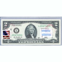 Банкнота США 2 доллара 2013 с печатью USPS, флаг Аргентины, Gem UNC