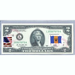 Банкнота США 2 доллара 2013 с печатью USPS, флаг Барбадоса, Gem UNC
