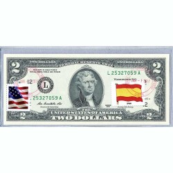 Банкнота США 2 доллара 2013 с печатью USPS, флаг Испании-01, Gem UNC