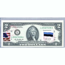 Банкнота США 2 доллара 2013 с печатью USPS, флаг Эстонии (1918-1940), Gem UNC