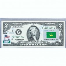 Банкнота США 2 доллара 2013 с печатью USPS, флаг Мавритании, Gem UNC
