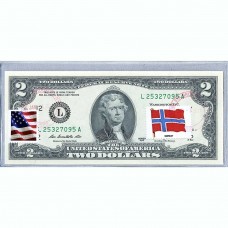 Банкнота США 2 доллара 2013 с печатью USPS, флаг Норвегии, Gem UNC
