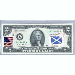 Банкнота США 2 доллара 2013 с печатью USPS, флаг Шотландии, Gem UNC