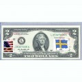 Банкнота США 2 доллара 2013 с печатью USPS, флаг Швеции, Gem UNC