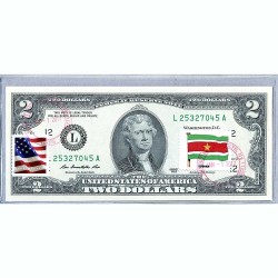 Банкнота США 2 доллара 2013 с печатью USPS, флаг Суринама, Gem UNC