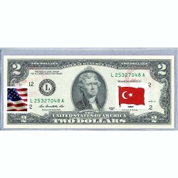 Банкнота США 2 доллара 2013 с печатью USPS, флаг Турции, Gem UNC